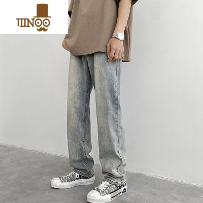 YANXU浅色弹力牛仔裤男生夏季新款黄泥色做旧裤子美式高街宽松直筒长裤