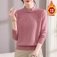 古风领妈妈装针织衫上衣时尚女加绒保暖中老年人衣服高弹力冬装女