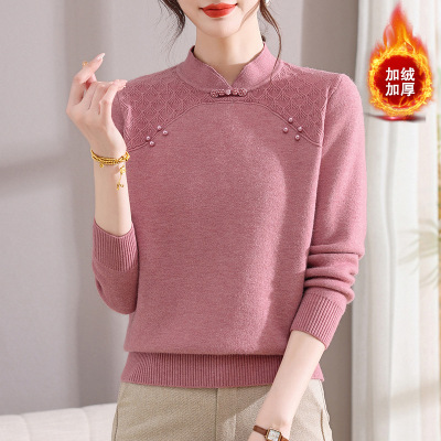 古风领妈妈装针织衫上衣时尚女加绒保暖中老年人衣服高弹力冬装女