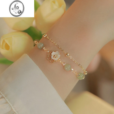 JiMi和田玉手链女轻奢小众设计感精致手镯送闺蜜双层叠戴花朵手饰