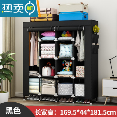 敬平衣帽架落地简易家用卧室挂衣服架子衣柜式多功能晾衣架收纳置物架 [169长]2挂10格加高底脚带4个侧袋-黑色