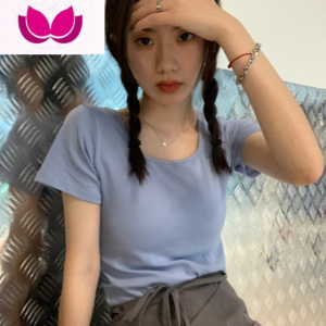 七斓U领弹力短袖黑色T恤女正肩打底衫夏季2023短款ins短上衣