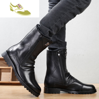 喻娄品牌2019男士皮靴子韩版潮流英伦高帮中筒内增高尖头真皮马丁靴男靴子