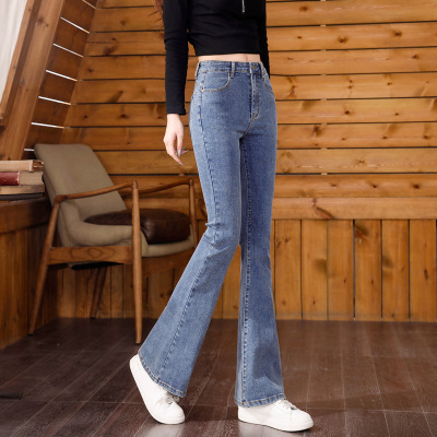 策恩公牛2021韩版新款春季牛仔裤女阔腿裤修身显瘦显高牛仔裤微喇叭长裤女