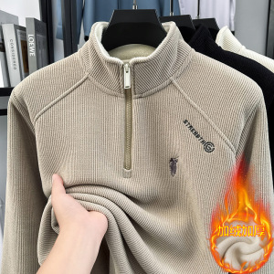 半拉链加绒男士针织衫秋冬季新款立领时尚休闲刺绣加厚保暖卫衣男