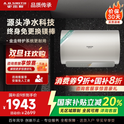 AO史密斯佳尼特60升电热水器 金圭内胆 双棒分离速热 免换镁棒 免清洗 CTE-60JC3-B