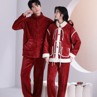情侣睡衣秋冬季珊瑚绒本命年喜庆结婚大红色一男士一女家居服套装_512