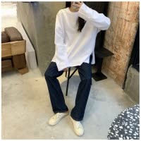 慵懒风开叉纯色长袖T恤女秋 韩国女装宽松上衣打底衫