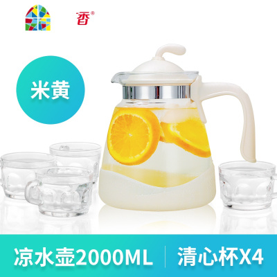 封后2400ML耐热高温冷水壶大容量玻璃果汁凉白开水壶家用凉水壶泡茶壶 FE 2.4L清心杯白色茶盘套装(绿)茶盘花样随