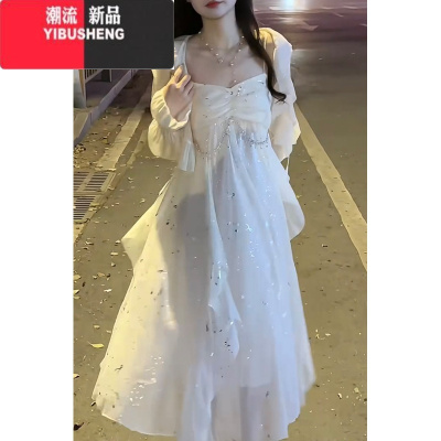 YIBUSHENG法式不规则荷叶边吊带连衣裙设计感气质收腰甜美减龄别致仙女长裙