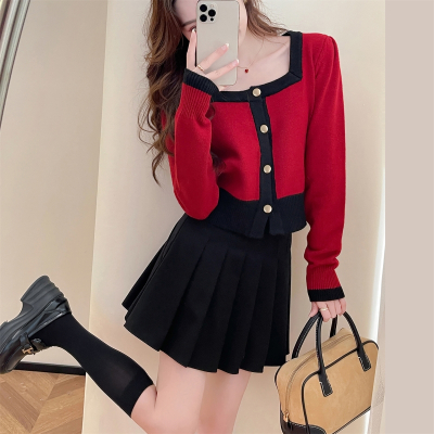 [3件8.5折127.4元,叠加优惠券]唐狮小香风撞色大方领毛衣开衫女新款红色针织衫设计感小众qd