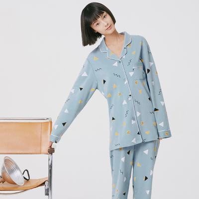 三枪女士家居套春夏舒适透气长袖长裤开襟纯棉透气日系女睡衣套装