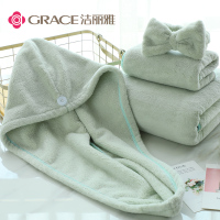 洁丽雅(Grace)浴巾 可爱女家用非纯棉成人吸水裹巾速干可爱 毛巾浴巾 干发帽束发带 绿色四件套*1