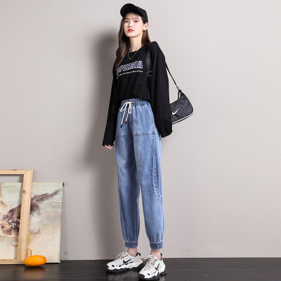 班俏BANQIAO松紧腰牛仔裤女宽松哈伦显瘦2021春季新款高腰束脚萝卜老爹