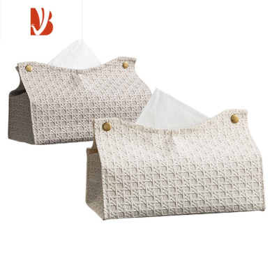 三维工匠网红家用客厅茶几纯色PU皮革纸巾盒北欧简约素色白色抽纸盒 卡洛藤编复古白色+蜜茶色*2个(22.5*12.5*9