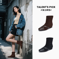 复古拼接方头短靴女年冬季新款马丁靴百搭瘦瘦靴女加绒靴子女