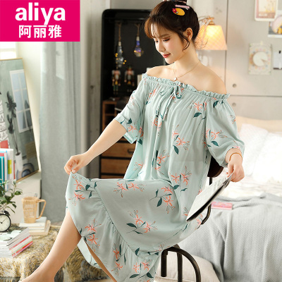 阿丽雅睡衣女夏季棉质睡裙韩版可外穿夏天薄款性感露肩睡袍短袖青年女士家居服草绿花朵均码