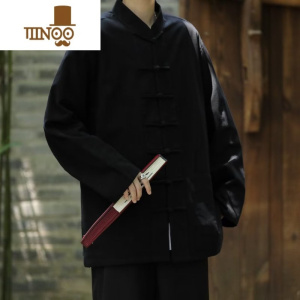 YANXU日系中式休闲复古唐装中国风亚麻衬衫男长袖棉麻立领中山衬衣薄款