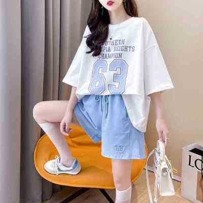 2021年新款运动风短款印花T恤短裤套装女夏季短袖上衣短裤两件套妃秀格