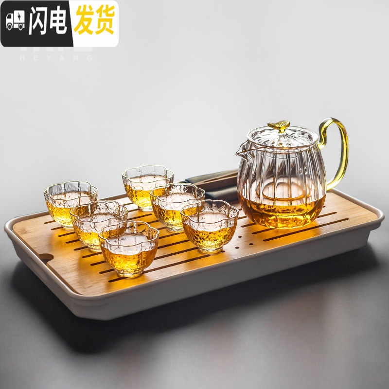 三维工匠耐热玻璃茶壶加厚耐热花茶壶单壶可加热煮茶壶家用功夫茶具泡茶壶 晶彩花瓣壶+络纹杯茶盘套装10入