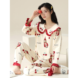 浪莎睡衣女春秋款纯棉长袖可外穿卡通家居服女款2025新款大码套装