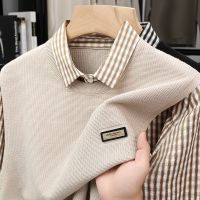 卫衣新款春秋季薄款翻领假两件套头中老年男装休闲针织衫