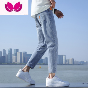 七斓2023春季浅色牛仔裤男士宽松九分休闲弹力修身9分长裤子潮牌男款