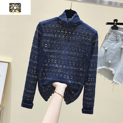 暖青汇2020大码女装秋装新款高领蕾丝打底衫胖妹妹显瘦洋气遮肚网纱上衣蕾丝衫