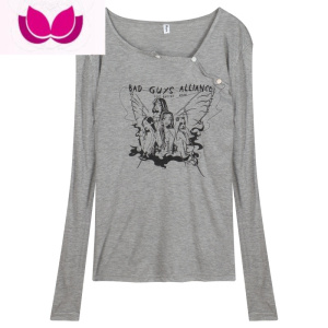 七斓美式复古露肩长袖T恤女春季辣妹薄款宽松印花罩衫设计感上衣