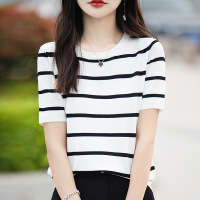 复古条纹撞色圆领针织短袖女夏季宽松上衣温柔风韩系百搭T恤薄款