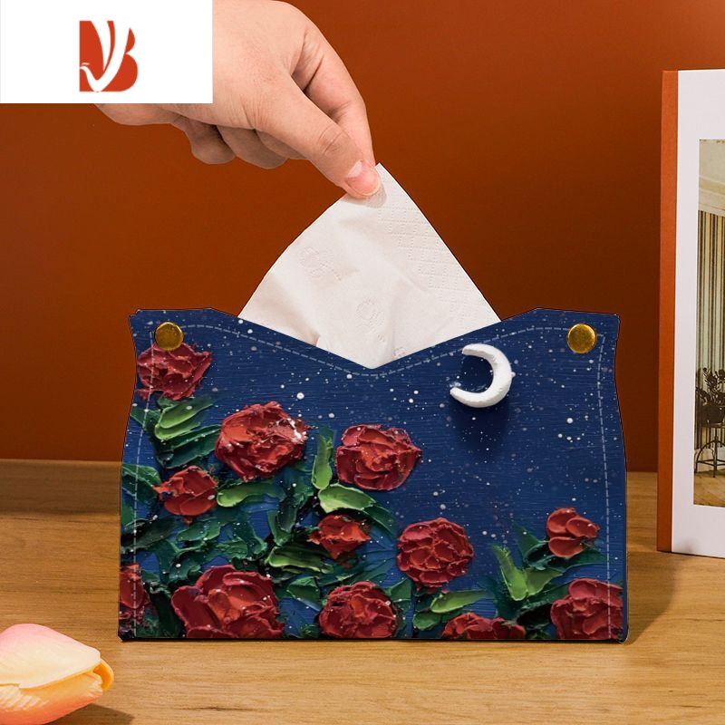 三维工匠ins油画轻奢风纸巾盒收纳餐厅抽纸盒高级感车内客厅办公桌面纸抽 月下红玫瑰-抽纸盒