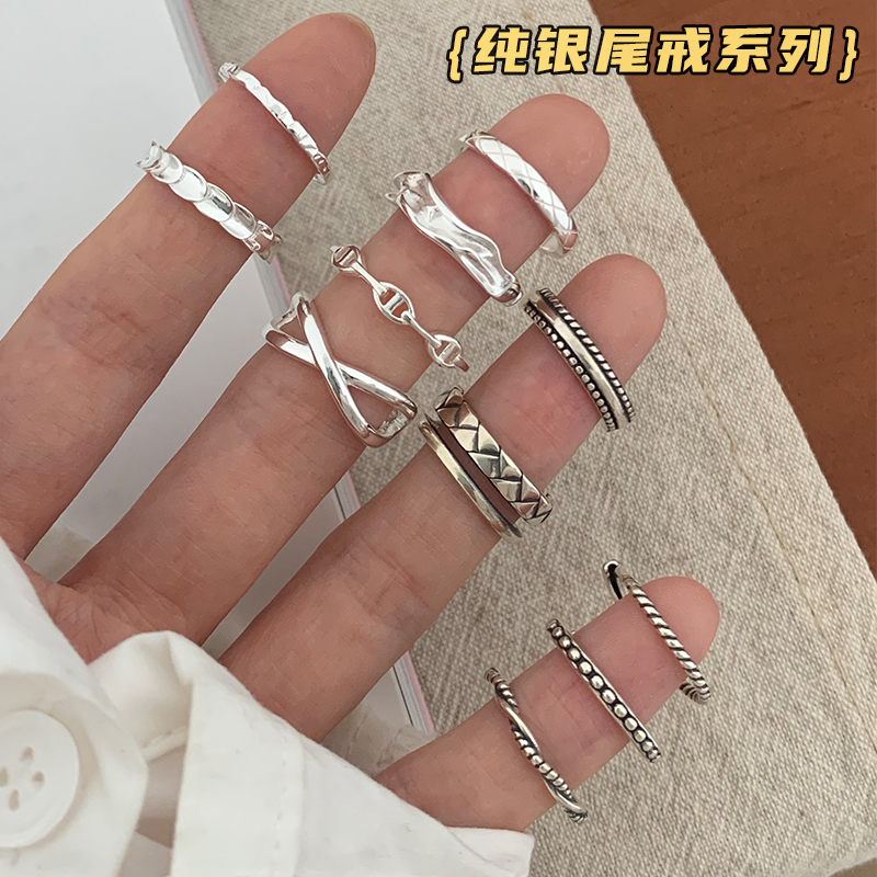 S925纯银复古尾戒合集女小指开口戒指冷淡风高级叠戴指环潮酷