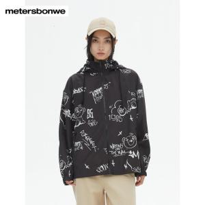 [1件5折价:109.5]美特斯邦威夹克女春秋时尚宽松休闲印花潮流简约连帽外套