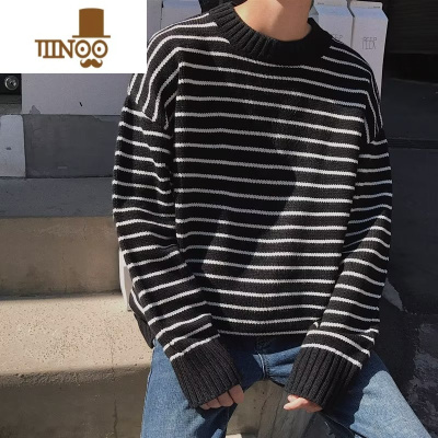YANXU日系条纹针织衫毛衣男潮牌ins新款圆领宽松情侣款打底衫外套
