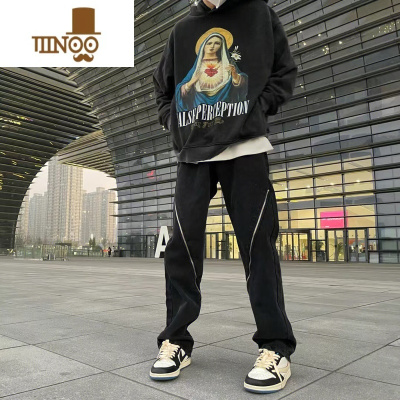 YANXU美式高街hiphop炸街拉链牛仔裤男小众设计感复古宽松直筒水洗长裤