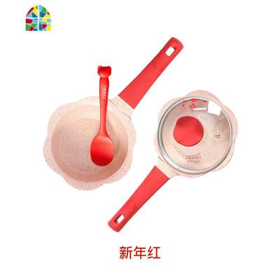 韩国宝宝辅食锅迪迪尼卡婴儿小奶锅不粘锅煎锅煮锅 FENGHOU 新年花朵宝宝辅食套装(红色)