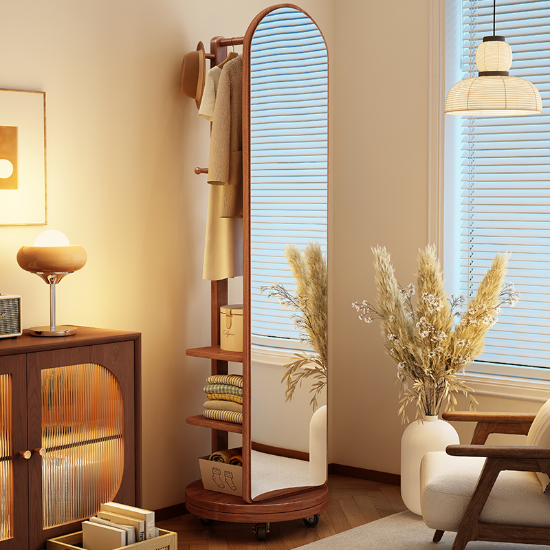 实木全身镜落地镜家用卧室穿衣镜可旋转移动高级衣帽架试衣镜一体
