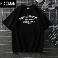 HLCOMAN纯色字母潮牌短袖t恤男夏季休闲宽松日系复古内搭情侣装