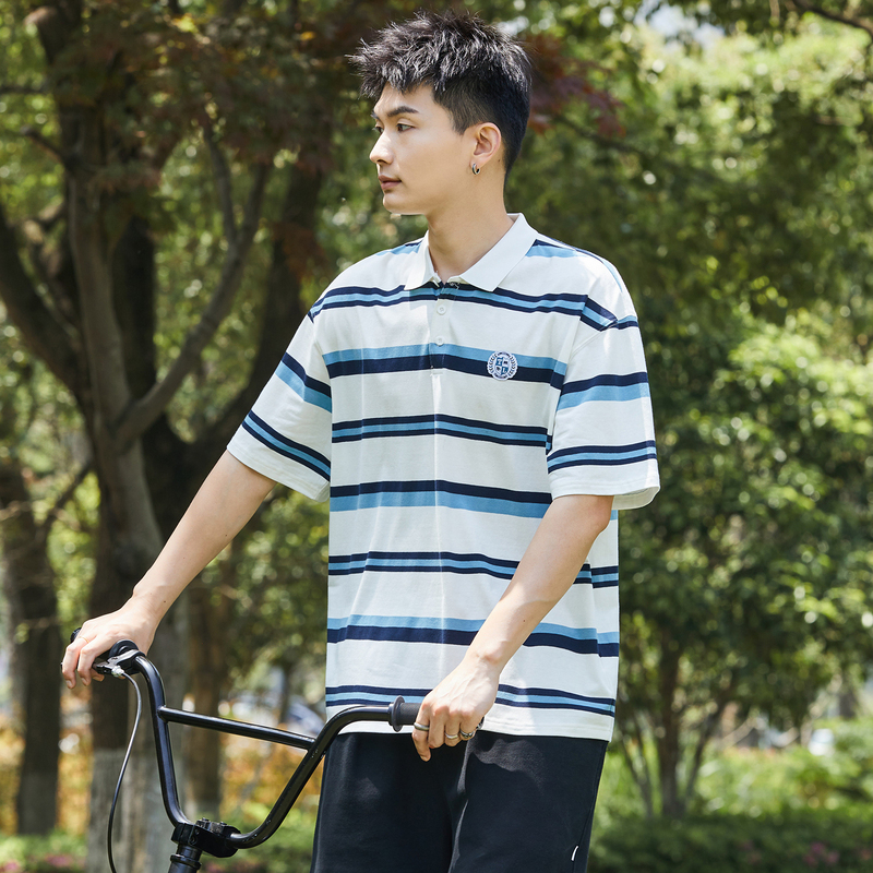 [2.5折价76元]唐狮夏季新款短袖polo衫男有条纹带翻领t恤白色商务休闲上衣