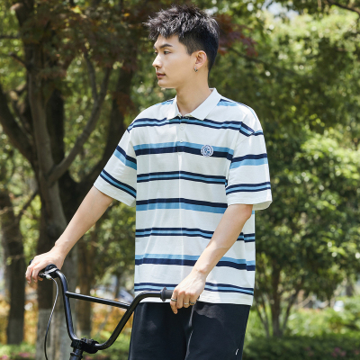 [2.5折价76元]唐狮夏季新款短袖polo衫男有条纹带翻领t恤白色商务休闲上衣