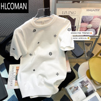HLCOMAN圆领冰丝针织毛衣短袖T恤男女潮流ins刺绣情侣半袖打底体恤毛衫