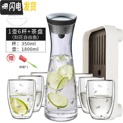 三维工匠Grand Cru欧式凉水壶玻璃可高温家用防爆冷水壶套装大容量凉水杯 大号刻花壶+6只刻花杯+茶盘[乔迁送礼]
