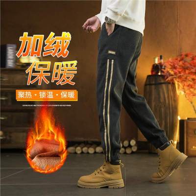 加绒加厚休闲裤男士冬季新款宽松束脚裤美式潮牌条纹运动长裤