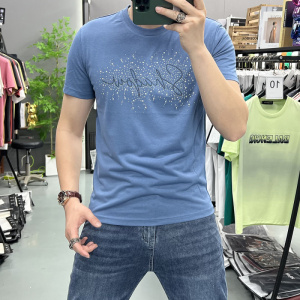 夏季休闲修身显瘦烫印碎星字母圆领短袖青年百搭新款透气半袖上衣