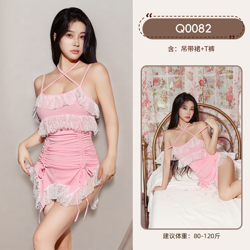 九里晴川情趣内衣女露背包臀花边吊带裙睡裙连衣裙睡衣甜美性感 九里晴川Q0082[甜美连衣裙-玫红] 均码