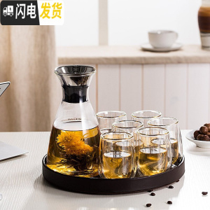 三维工匠家用冷水壶耐热防爆玻璃杯子套装凉水杯水具北欧创意茶具 菲拉斯+6水滴杯+圆盘紫檀色