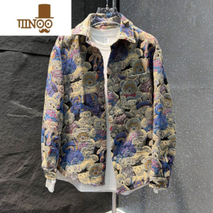 YANXU2023秋季新款潮流百搭个性休闲外套男士痞帅时尚小熊刺绣翻领上衣