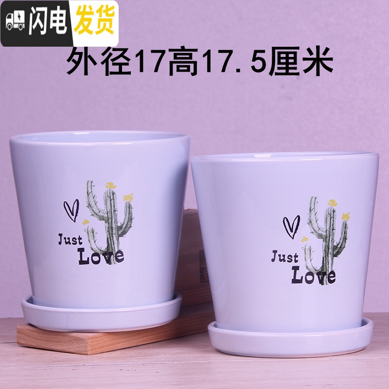 三维工匠欧式花盆陶瓷三个大中号简约创意家用绿植盆栽花盆带托盘 深灰色蓝仙人掌17厘米两 中等花盆容器