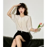[2.5折价89元]唐狮夏季新款雪纺衬衫女白色短袖衬衣女娃娃领上衣轻薄透气女