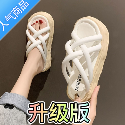 SUNTEK交叉厚底凉拖鞋女夏外穿2023年新款时尚凉鞋松糕底休闲一字拖